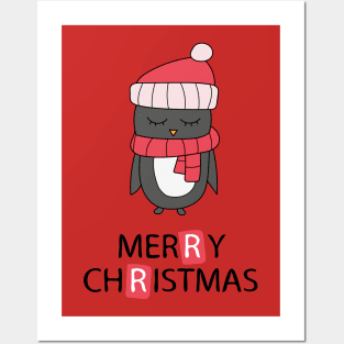 Hand drawn Christmas greeting card with pinguin Posters and Art